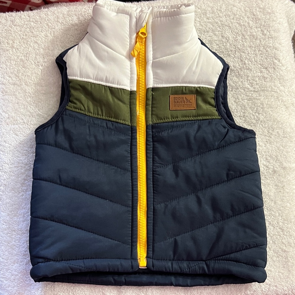 Lands' End Kids Navy, White & Olive Puffer Vest with Yellow Zipper
